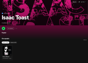 Screenshot of Isaac Toast's profile on Spotify featuring his first single Horse's Mouth